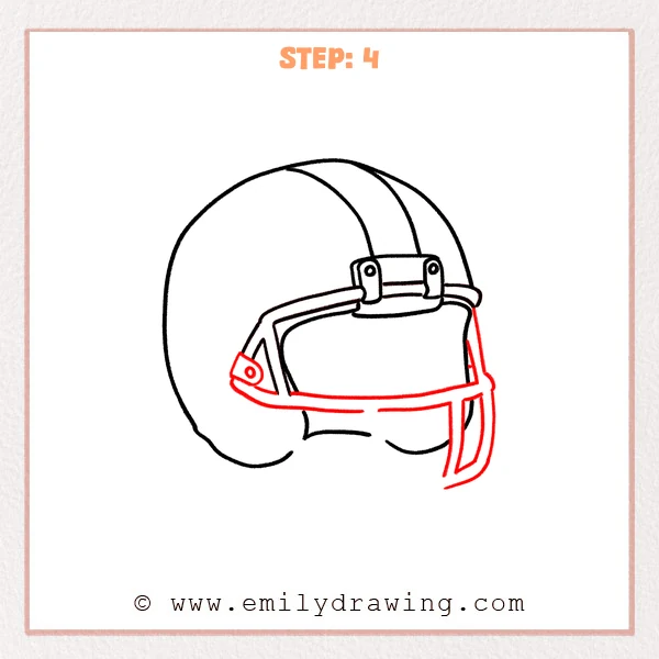how to draw a football helmet - A football helmet drawing with a more complete faceguard, including a long front bar, a curved right-side bar, and a small left connector plate.